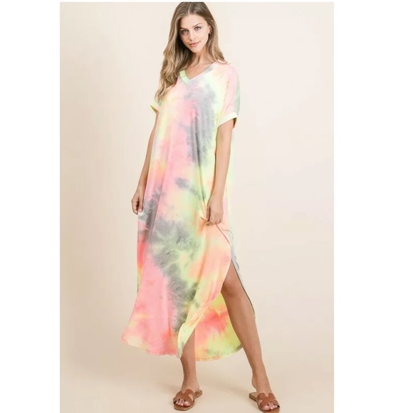 SOLD OUT CLEARANCE Neon Tie Dye Pocket Short Sleeve Long Maxi Dress - Picture 2 of 7